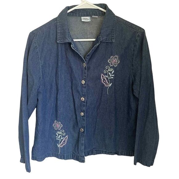 Adrian Delafield Floral Embroidered Jean Button Up Size M Made in Swaziland - Picture 1 of 7